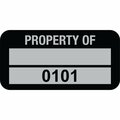 Lustre-Cal Property ID Label PROPERTY OF 5 Alum Blk 1.50in x 0.75in 1 Blank Pad&Serialized 0101-0200, 100PK 253769Ma2K0101